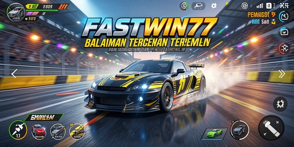 Tampilan menegangkan dari balapan di FASTWIN77 dengan mobil yang melaju cepat.