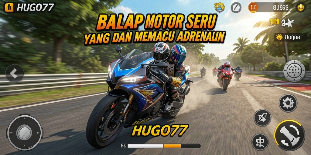 Tangkapan layar gameplay HUGO77 menampilkan aksi balap motor yang mendebarkan.