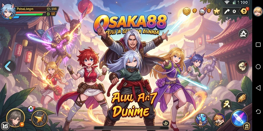 Tangkapan layar utama OSAKA88 menampilkan pertarungan seru dalam gaya Anime.